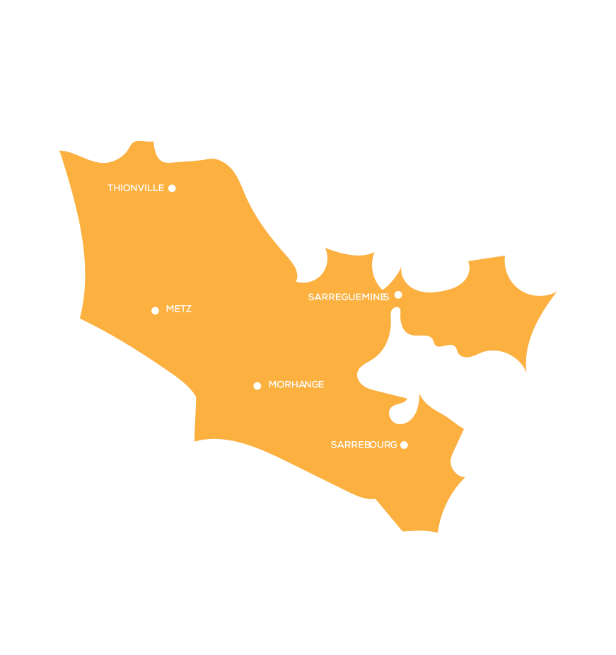 carte de la Moselle avec nos agences de Metz, Thionville, Morhange, Sarreguemines et Sarrebourg